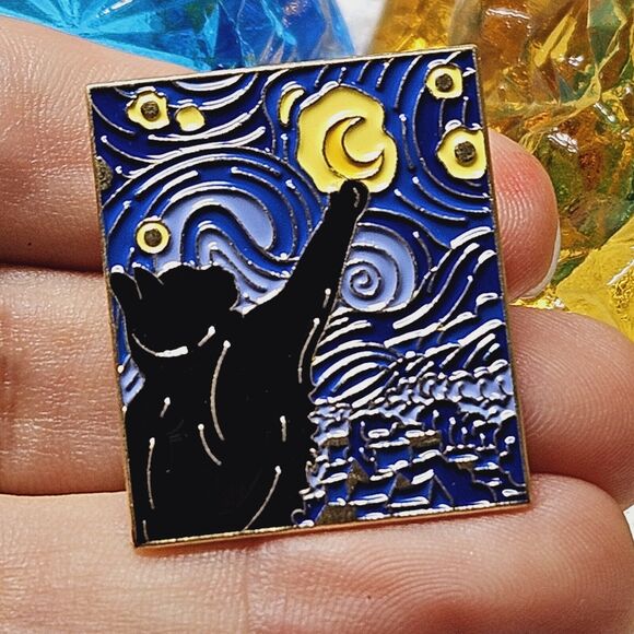 Starry Night Black Cat Enamel Pin Van Gogh Oil Painting Brooch Lapel Badge Set 4 - Picture 12 of 14